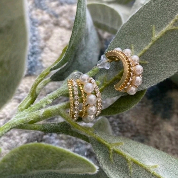 Gold Half Hoop Earrings Pearl Rhinestone Coquette Bridal Wedding Cocktail 💖 - Picture 16 of 16